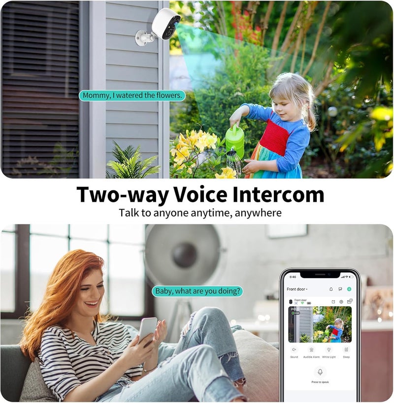 Tziarp 2K UHD Smart Wireless Security Camera Indoor/Outdoor,Battery Powered WiFi Camera with Color Night Vision, Motion Detection, 2-Way Audio, Weatherproof, Cloud/SD Storage for Home Security (2.4GHz Only) - Image 3